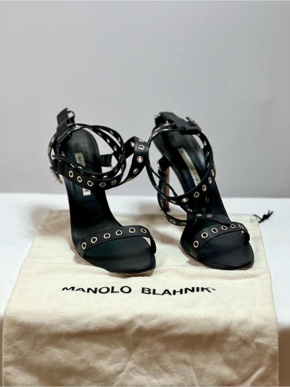 Manolo Blahnik Black Eyelet Ankle-Strap Sandals
